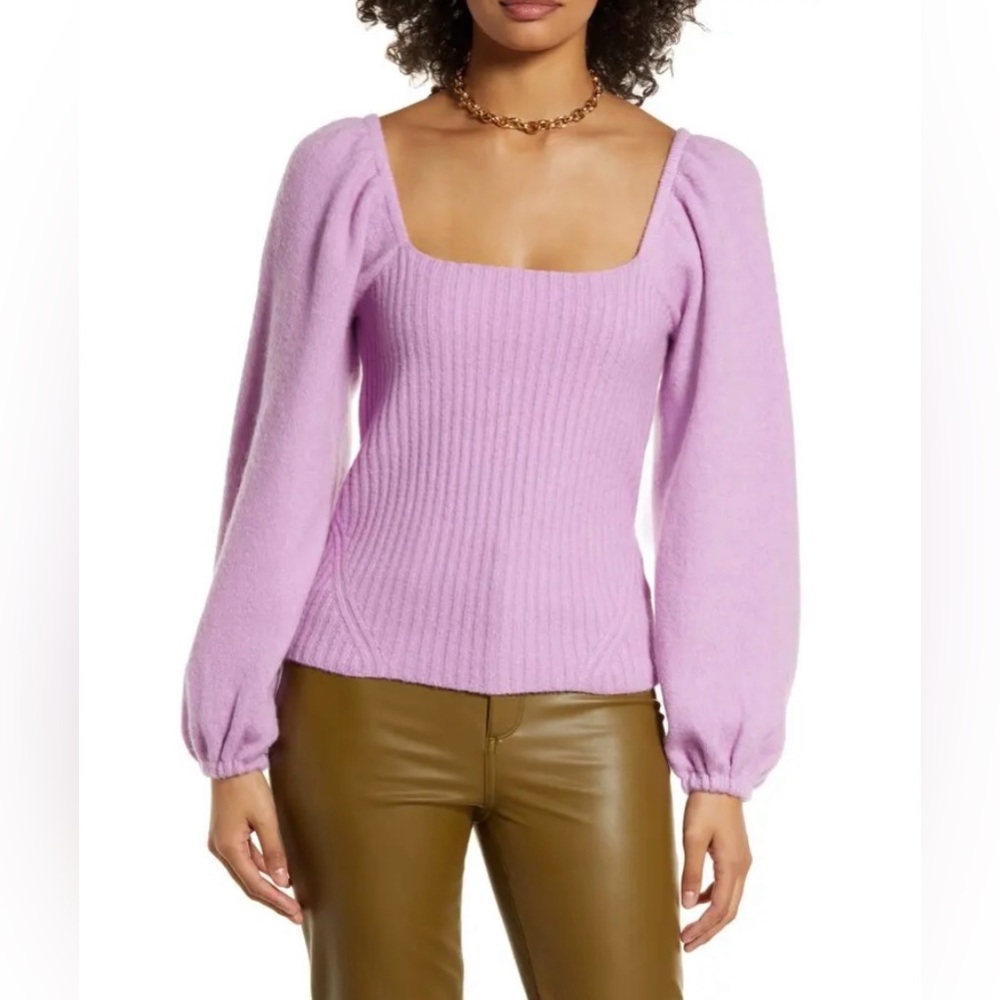Halogen Puff Sleeve Square Neck Sweater in Pink Tulle, NWT (Large)